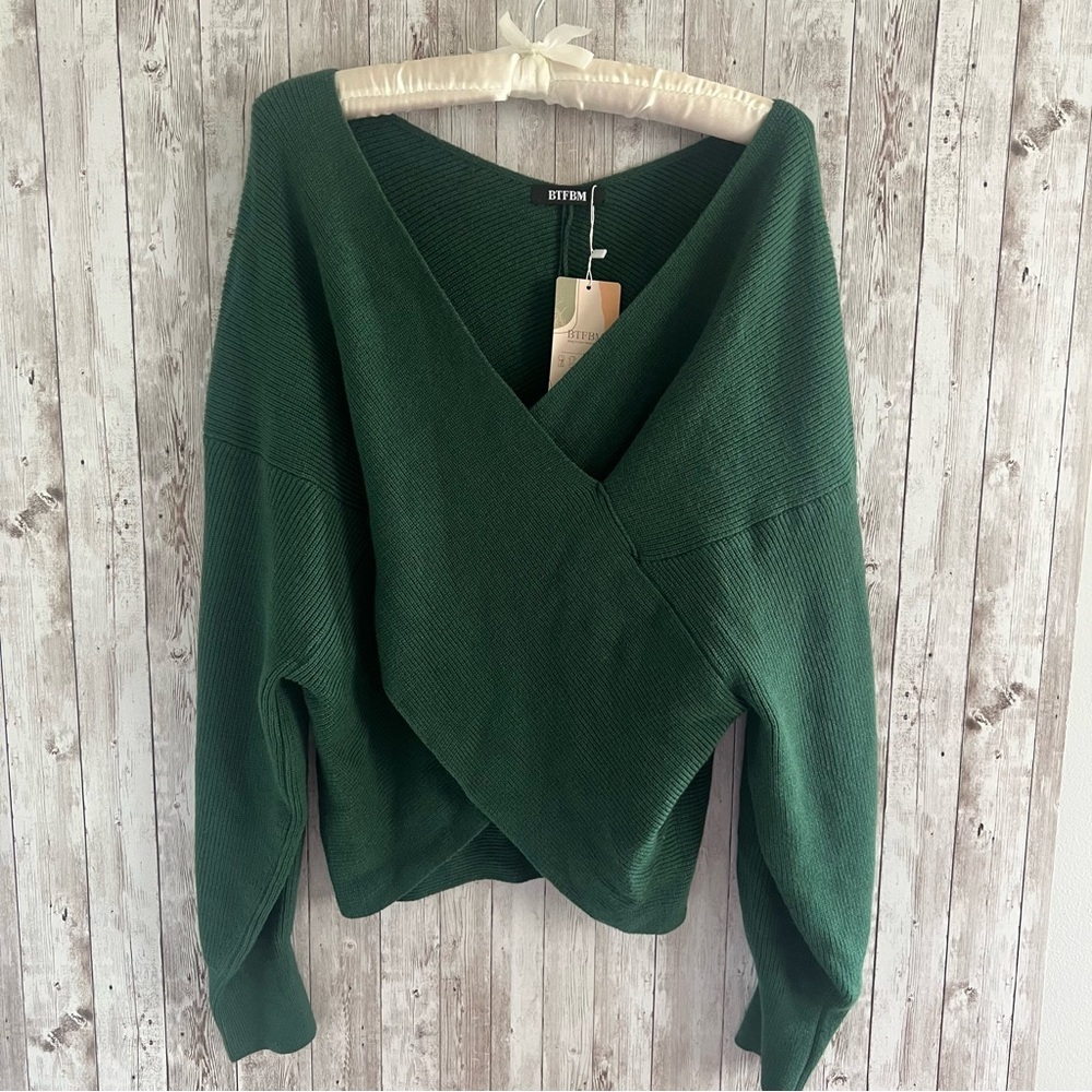 BTFBM Off The Shoulder Sweater  V Neck Long Sleeve Ribbed Knit Wrap Cropped L